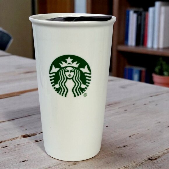 Starbucks Green Siren Logo Travel Ceramic Tumbler Mug 10 Oz White w/ Lid - Picture 1 of 6
